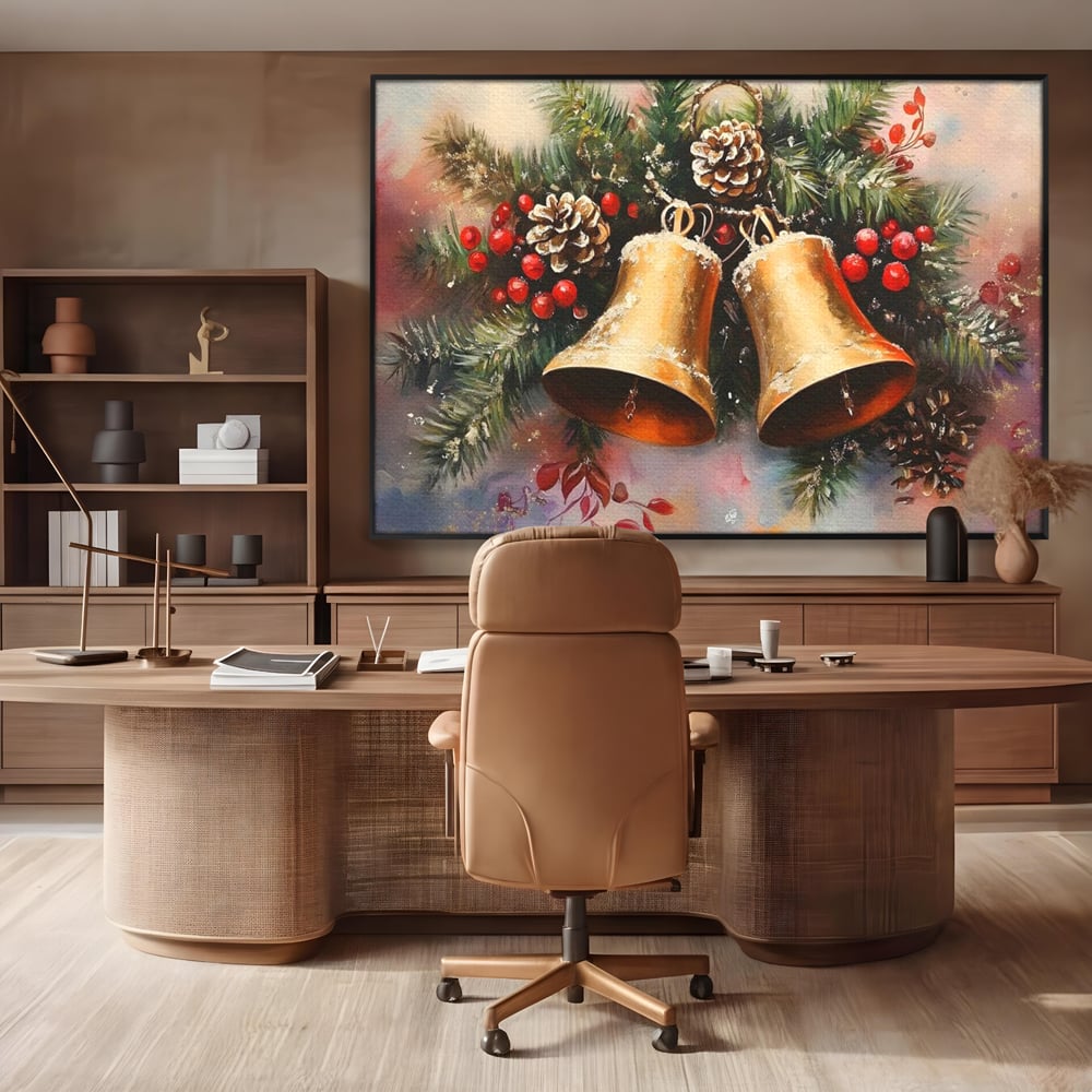 Leinwand Wandkunst Canvas Premium, LuxCanva® D1089, Carol Bells, Gold, Weihnachten, Weihnachten, Glitzern, Echo, Festlich, Magie, Klang, Geist, Gerücht, Tanne, Symphonie, Kiefer, Zapfen, Winter, Rot, Kinderzimmer, Wohnen, Schlafzimmer