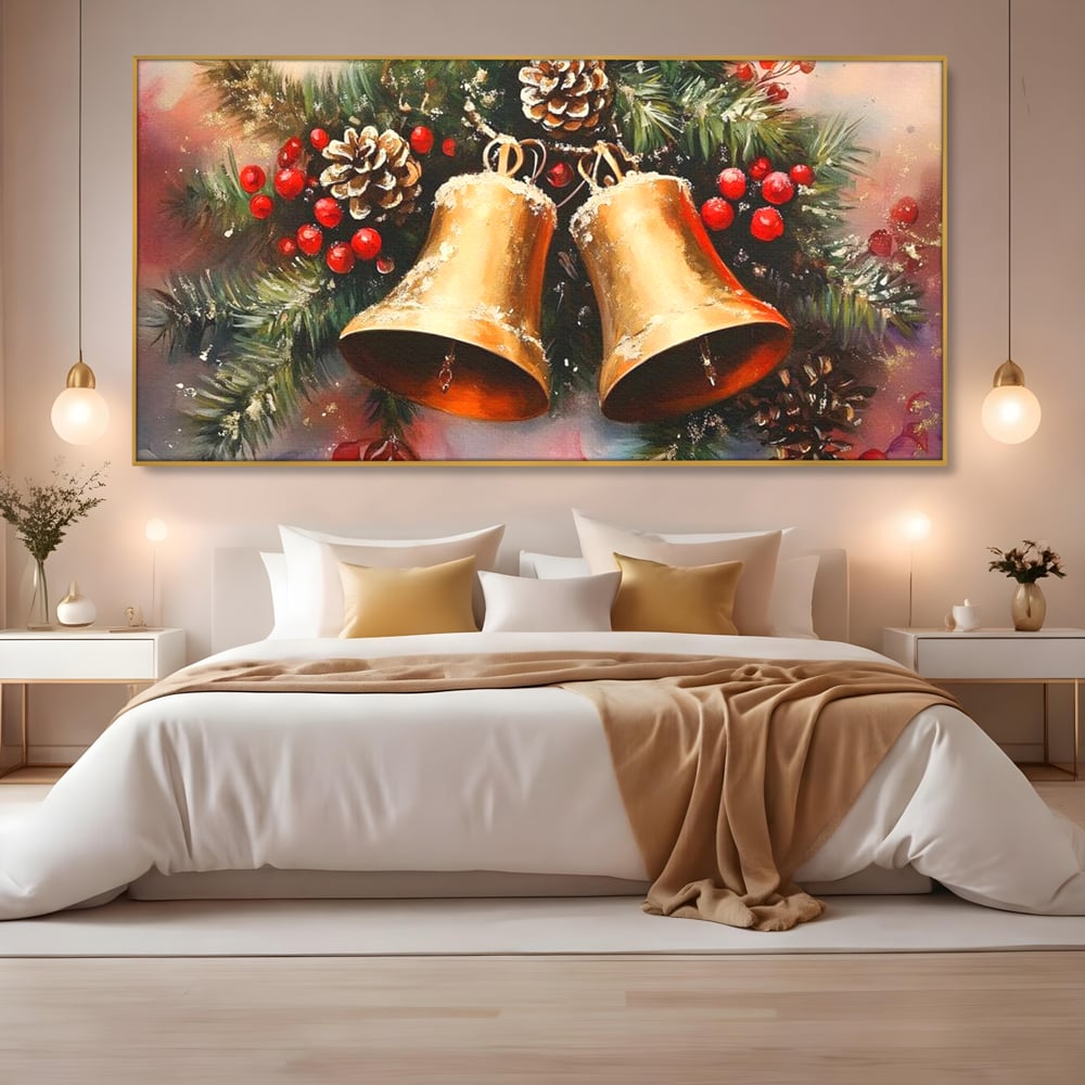Leinwand Wandkunst Canvas Premium, LuxCanva® D1089, Carol Bells, Gold, Weihnachten, Weihnachten, Glitzern, Echo, Festlich, Magie, Klang, Geist, Gerücht, Tanne, Symphonie, Kiefer, Zapfen, Winter, Rot, Kinderzimmer, Wohnen, Schlafzimmer
