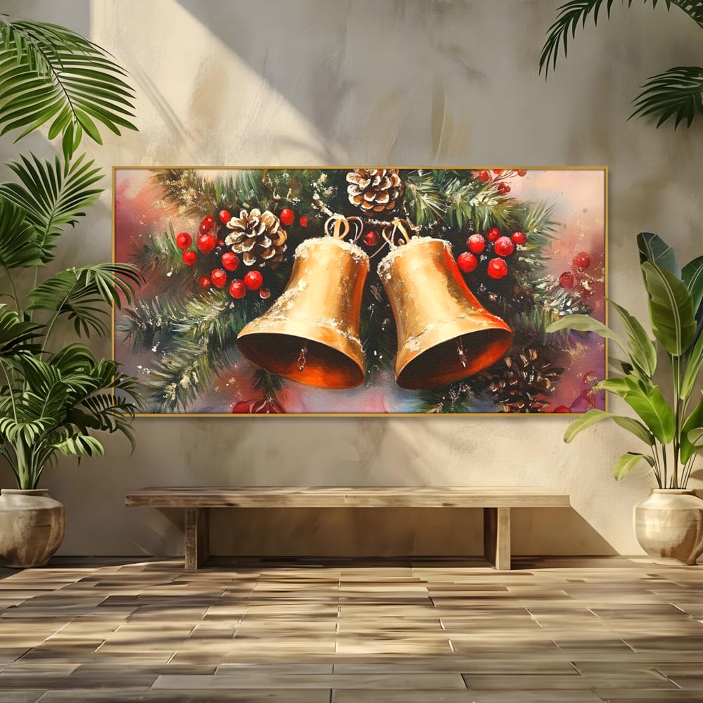 Leinwand Wandkunst Canvas Premium, LuxCanva® D1089, Carol Bells, Gold, Weihnachten, Weihnachten, Glitzern, Echo, Festlich, Magie, Klang, Geist, Gerücht, Tanne, Symphonie, Kiefer, Zapfen, Winter, Rot, Kinderzimmer, Wohnen, Schlafzimmer