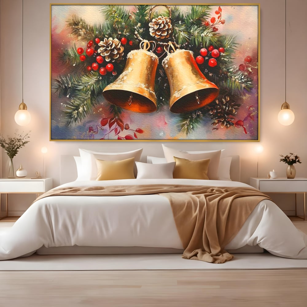 Leinwand Wandkunst Canvas Premium, LuxCanva® D1089, Carol Bells, Gold, Weihnachten, Weihnachten, Glitzern, Echo, Festlich, Magie, Klang, Geist, Gerücht, Tanne, Symphonie, Kiefer, Zapfen, Winter, Rot, Kinderzimmer, Wohnen, Schlafzimmer