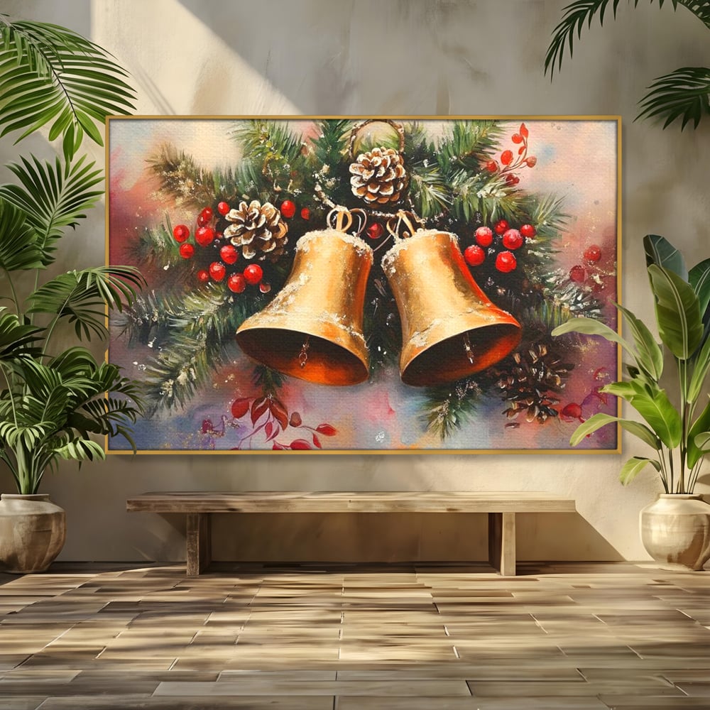 Leinwand Wandkunst Canvas Premium, LuxCanva® D1089, Carol Bells, Gold, Weihnachten, Weihnachten, Glitzern, Echo, Festlich, Magie, Klang, Geist, Gerücht, Tanne, Symphonie, Kiefer, Zapfen, Winter, Rot, Kinderzimmer, Wohnen, Schlafzimmer