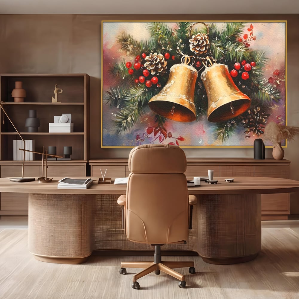 Leinwand Wandkunst Canvas Premium, LuxCanva® D1089, Carol Bells, Gold, Weihnachten, Weihnachten, Glitzern, Echo, Festlich, Magie, Klang, Geist, Gerücht, Tanne, Symphonie, Kiefer, Zapfen, Winter, Rot, Kinderzimmer, Wohnen, Schlafzimmer