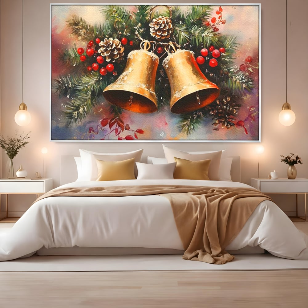 Leinwand Wandkunst Canvas Premium, LuxCanva® D1089, Carol Bells, Gold, Weihnachten, Weihnachten, Glitzern, Echo, Festlich, Magie, Klang, Geist, Gerücht, Tanne, Symphonie, Kiefer, Zapfen, Winter, Rot, Kinderzimmer, Wohnen, Schlafzimmer