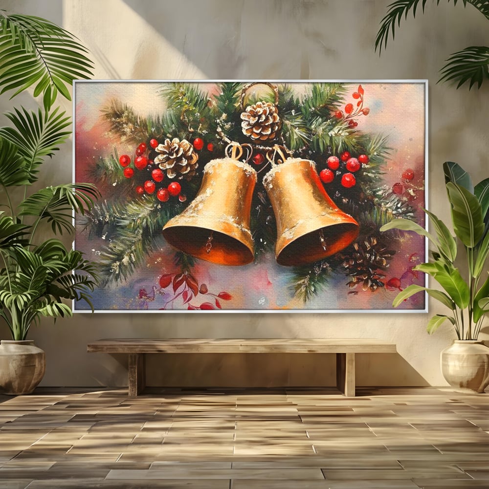 Leinwand Wandkunst Canvas Premium, LuxCanva® D1089, Carol Bells, Gold, Weihnachten, Weihnachten, Glitzern, Echo, Festlich, Magie, Klang, Geist, Gerücht, Tanne, Symphonie, Kiefer, Zapfen, Winter, Rot, Kinderzimmer, Wohnen, Schlafzimmer