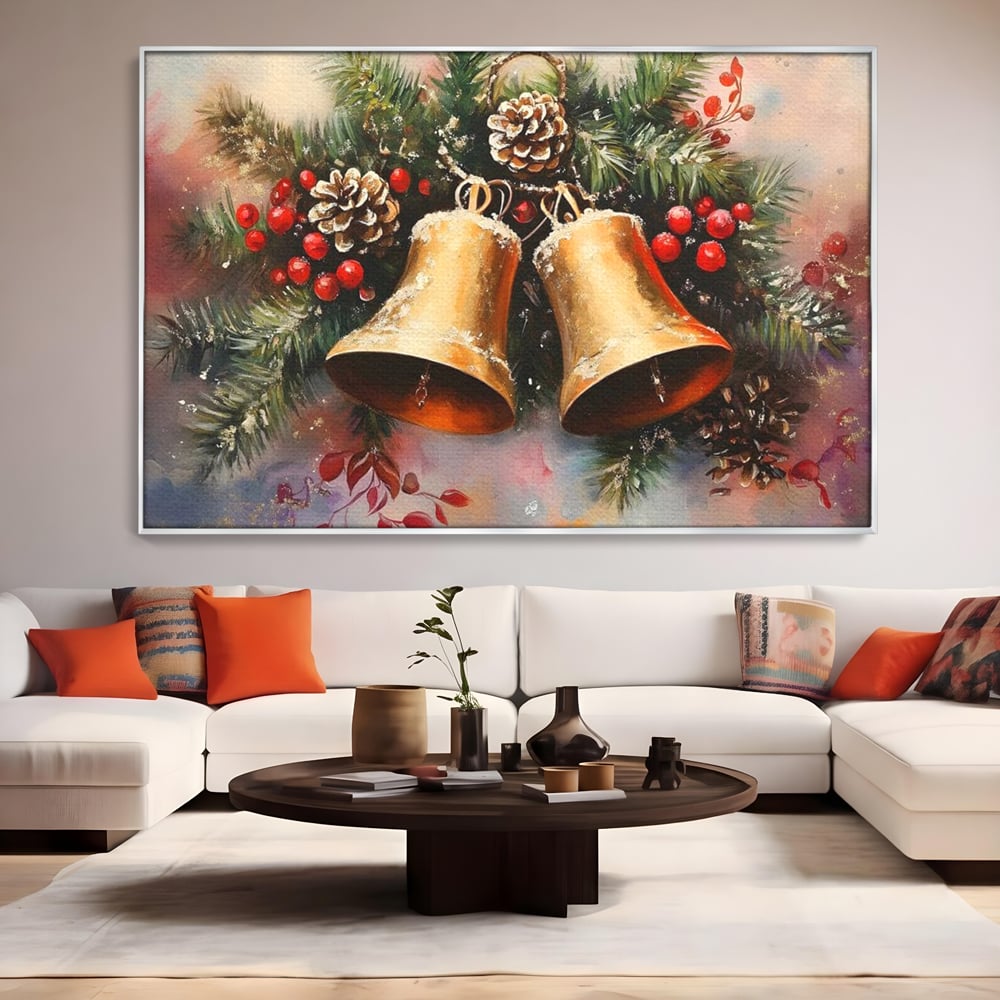 Leinwand Wandkunst Canvas Premium, LuxCanva® D1089, Carol Bells, Gold, Weihnachten, Weihnachten, Glitzern, Echo, Festlich, Magie, Klang, Geist, Gerücht, Tanne, Symphonie, Kiefer, Zapfen, Winter, Rot, Kinderzimmer, Wohnen, Schlafzimmer