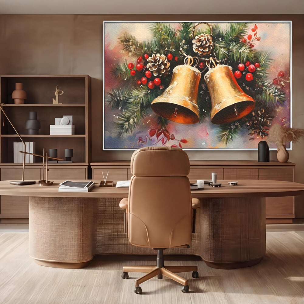 Leinwand Wandkunst Canvas Premium, LuxCanva® D1089, Carol Bells, Gold, Weihnachten, Weihnachten, Glitzern, Echo, Festlich, Magie, Klang, Geist, Gerücht, Tanne, Symphonie, Kiefer, Zapfen, Winter, Rot, Kinderzimmer, Wohnen, Schlafzimmer