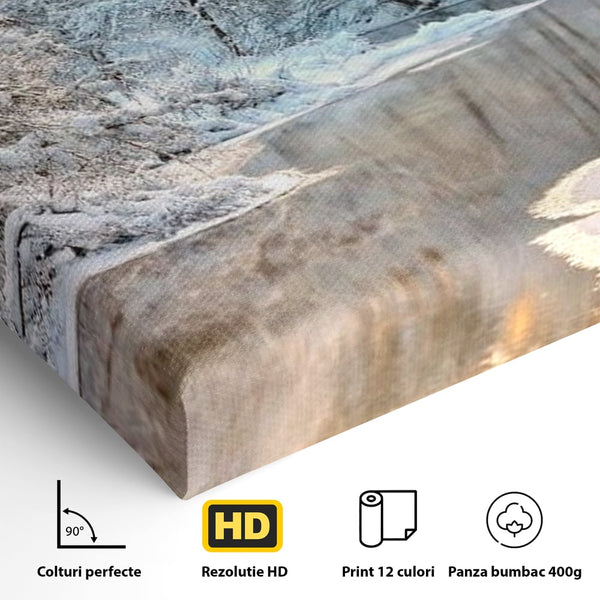Tablou Canvas Premium, LuxCanva® D1090, Natura Cristalina, Inghetat, Liniste, Copaci, Lac, Zapada, Padure, Reflexii, Apus, Peisaj, Auriu, Apa, Frumusete, Argint, Nordic, Frig, Camera Copil, Living, Dormitor