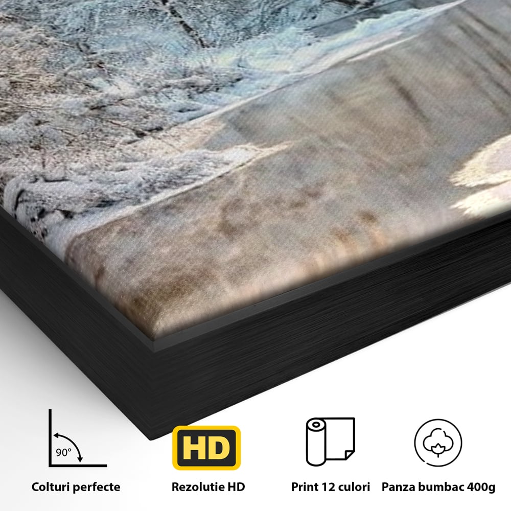 Tablou Canvas Premium, LuxCanva® D1090, Natura Cristalina, Inghetat, Liniste, Copaci, Lac, Zapada, Padure, Reflexii, Apus, Peisaj, Auriu, Apa, Frumusete, Argint, Nordic, Frig, Camera Copil, Living, Dormitor