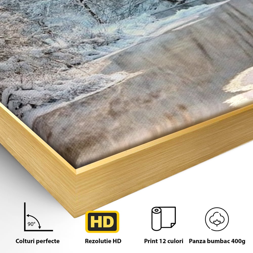Tablou Canvas Premium, LuxCanva® D1090, Natura Cristalina, Inghetat, Liniste, Copaci, Lac, Zapada, Padure, Reflexii, Apus, Peisaj, Auriu, Apa, Frumusete, Argint, Nordic, Frig, Camera Copil, Living, Dormitor