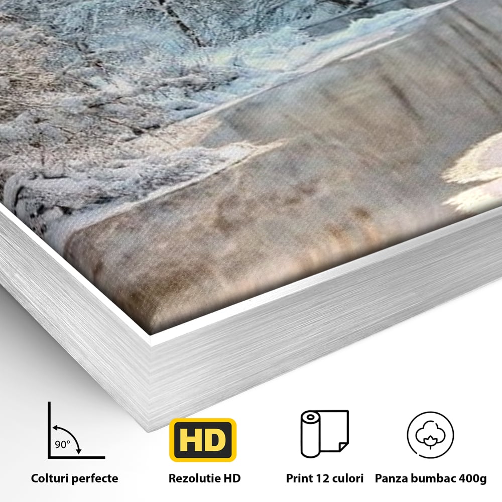 Tablou Canvas Premium, LuxCanva® D1090, Natura Cristalina, Inghetat, Liniste, Copaci, Lac, Zapada, Padure, Reflexii, Apus, Peisaj, Auriu, Apa, Frumusete, Argint, Nordic, Frig, Camera Copil, Living, Dormitor