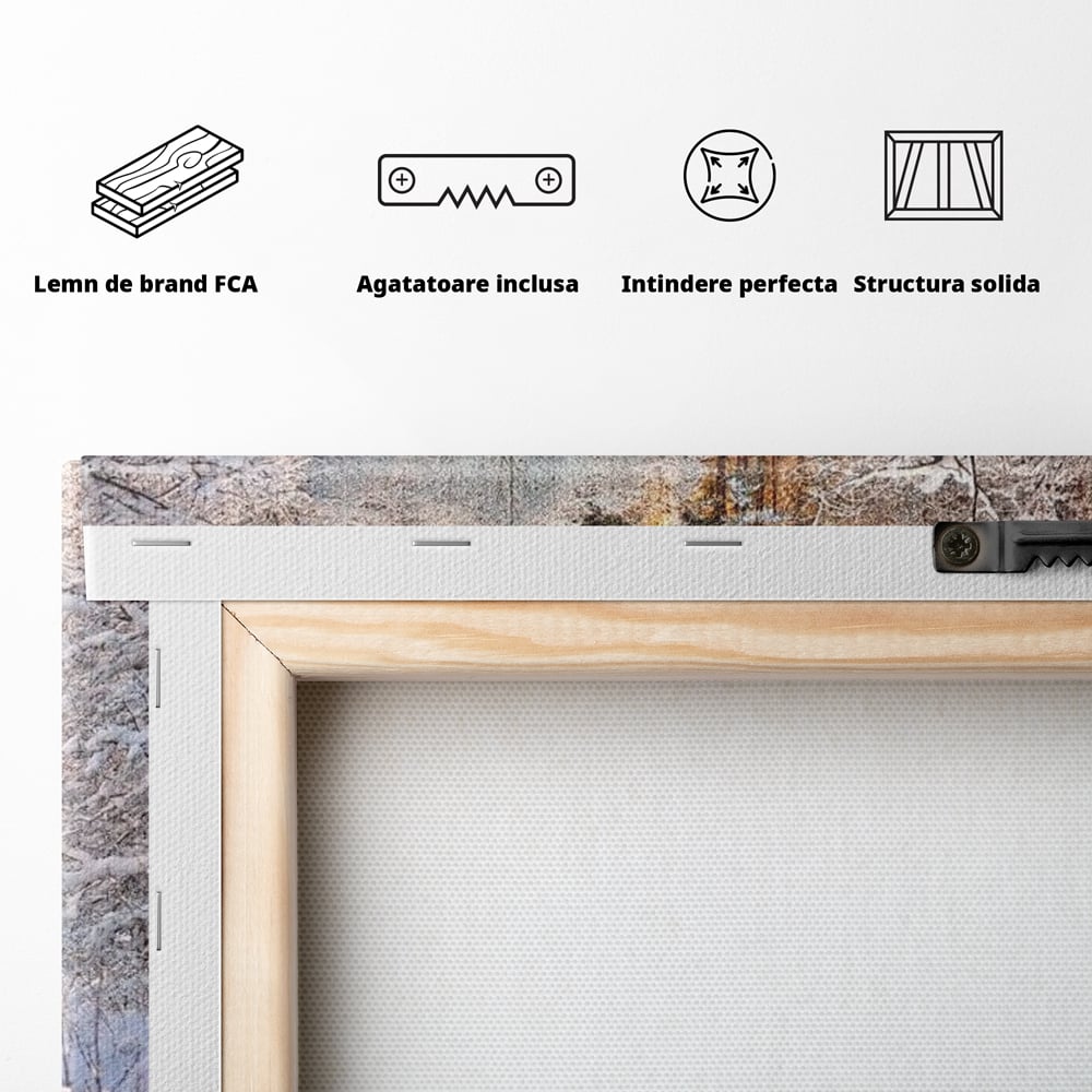 Tablou Canvas Premium, LuxCanva® D1090, Natura Cristalina, Inghetat, Liniste, Copaci, Lac, Zapada, Padure, Reflexii, Apus, Peisaj, Auriu, Apa, Frumusete, Argint, Nordic, Frig, Camera Copil, Living, Dormitor