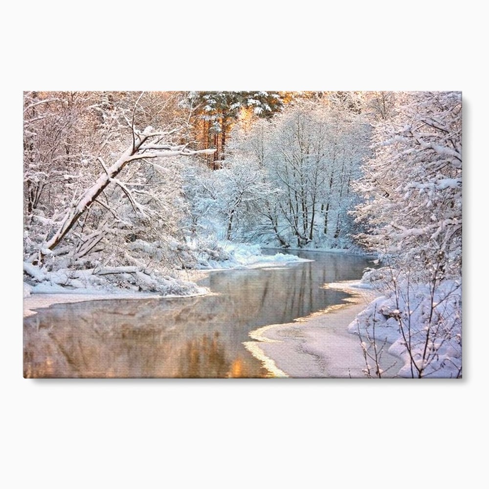 Tablou Canvas Premium, LuxCanva® D1090, Natura Cristalina, Inghetat, Liniste, Copaci, Lac, Zapada, Padure, Reflexii, Apus, Peisaj, Auriu, Apa, Frumusete, Argint, Nordic, Frig, Camera Copil, Living, Dormitor