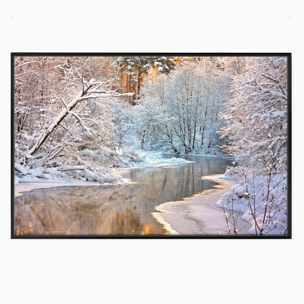 Tablou Canvas Premium, LuxCanva® D1090, Natura Cristalina, Inghetat, Liniste, Copaci, Lac, Zapada, Padure, Reflexii, Apus, Peisaj, Auriu, Apa, Frumusete, Argint, Nordic, Frig, Camera Copil, Living, Dormitor