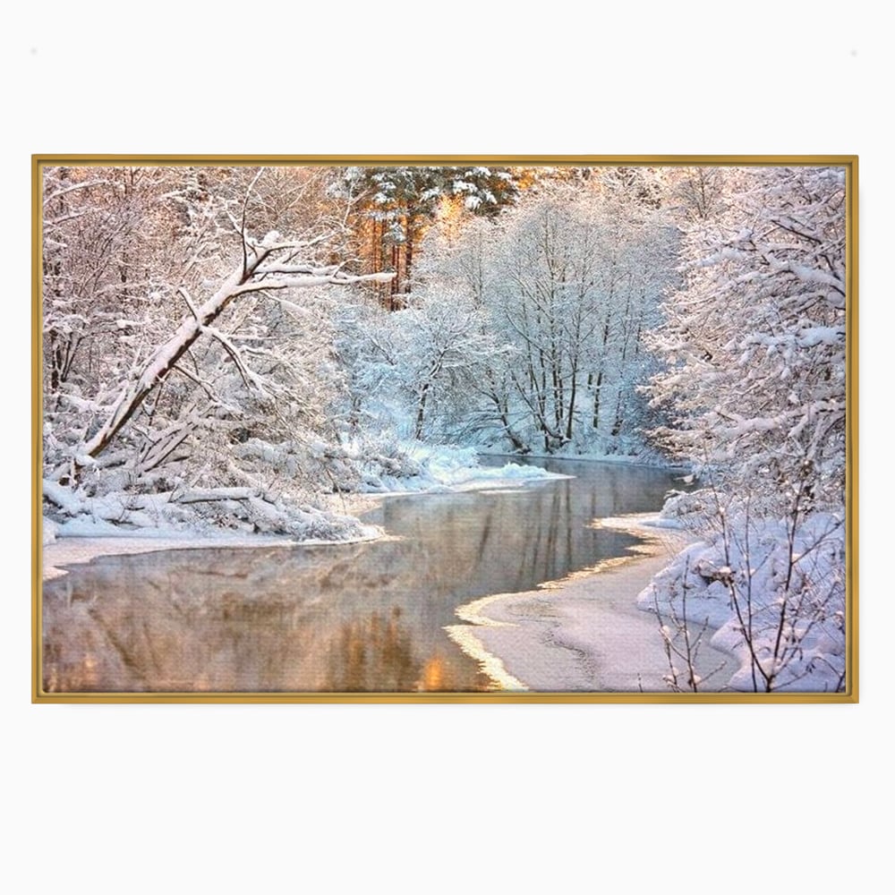 Tablou Canvas Premium, LuxCanva® D1090, Natura Cristalina, Inghetat, Liniste, Copaci, Lac, Zapada, Padure, Reflexii, Apus, Peisaj, Auriu, Apa, Frumusete, Argint, Nordic, Frig, Camera Copil, Living, Dormitor