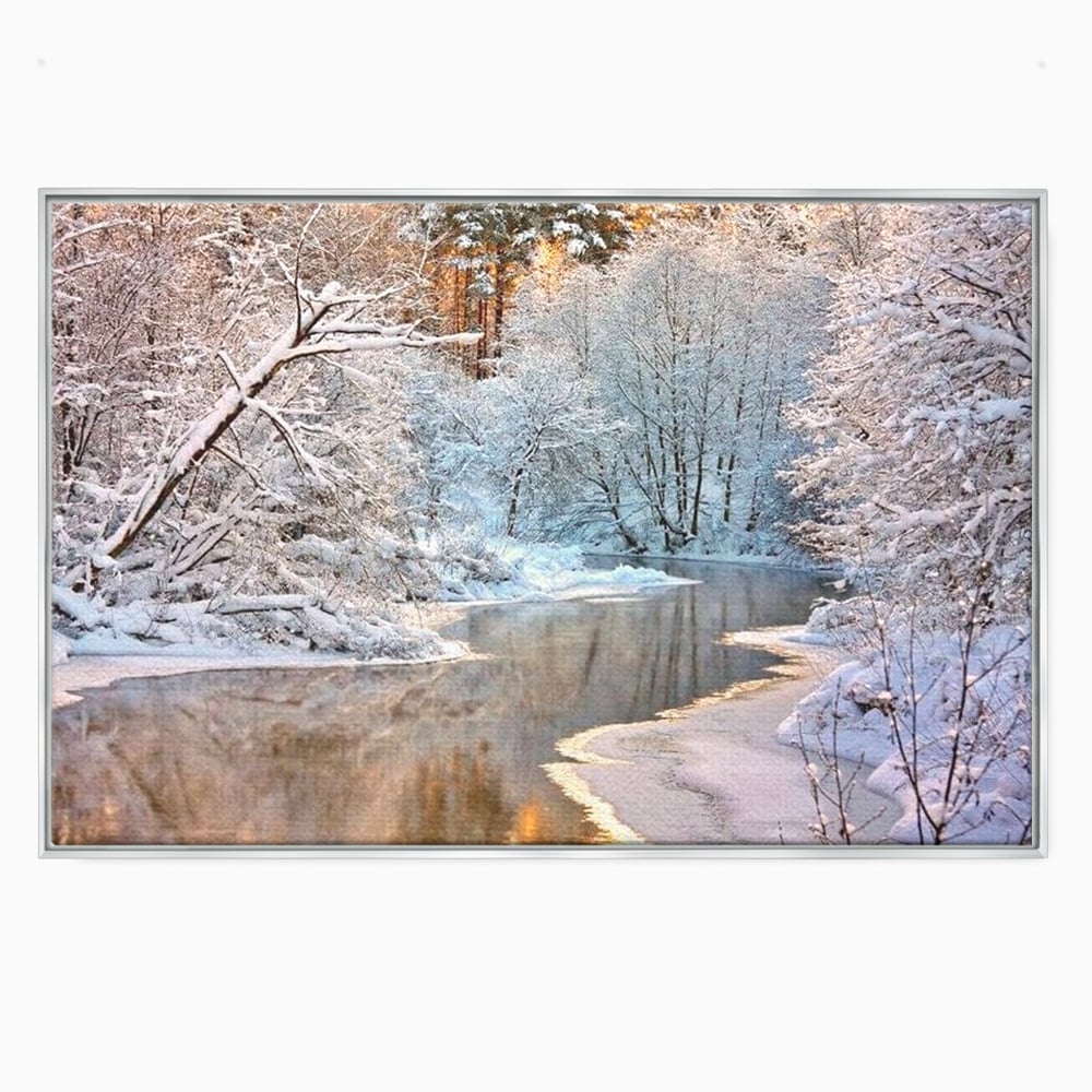 Tablou Canvas Premium, LuxCanva® D1090, Natura Cristalina, Inghetat, Liniste, Copaci, Lac, Zapada, Padure, Reflexii, Apus, Peisaj, Auriu, Apa, Frumusete, Argint, Nordic, Frig, Camera Copil, Living, Dormitor