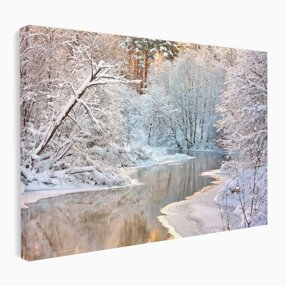 Tablou Canvas Premium, LuxCanva® D1090, Natura Cristalina, Inghetat, Liniste, Copaci, Lac, Zapada, Padure, Reflexii, Apus, Peisaj, Auriu, Apa, Frumusete, Argint, Nordic, Frig, Camera Copil, Living, Dormitor