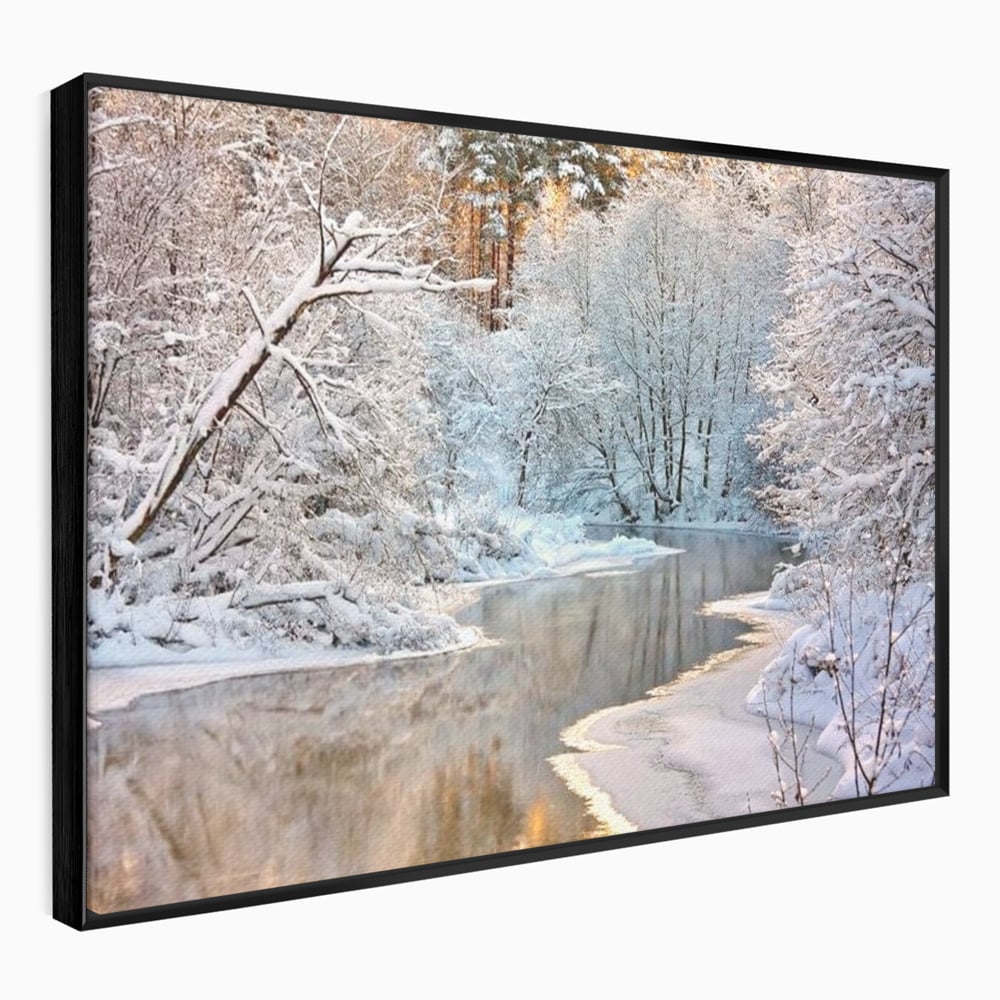 Tablou Canvas Premium, LuxCanva® D1090, Natura Cristalina, Inghetat, Liniste, Copaci, Lac, Zapada, Padure, Reflexii, Apus, Peisaj, Auriu, Apa, Frumusete, Argint, Nordic, Frig, Camera Copil, Living, Dormitor