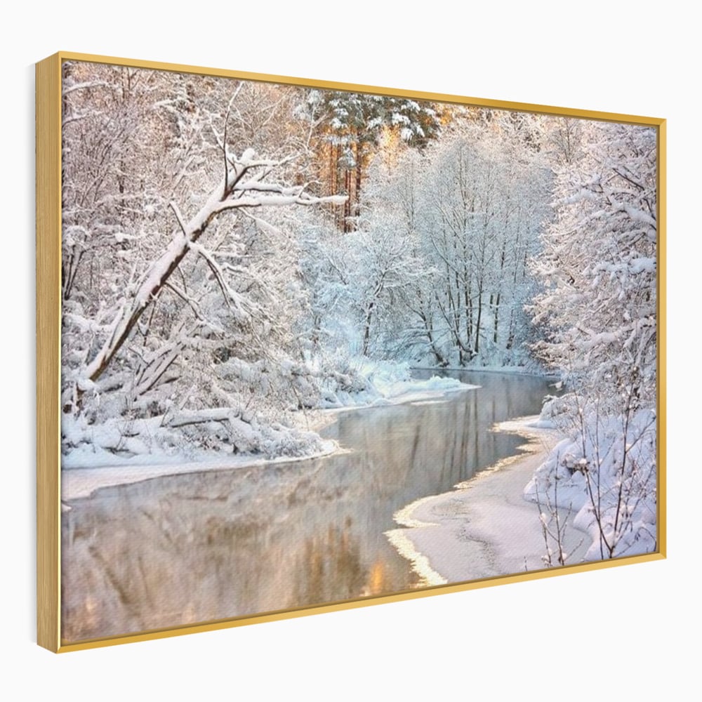 Tablou Canvas Premium, LuxCanva® D1090, Natura Cristalina, Inghetat, Liniste, Copaci, Lac, Zapada, Padure, Reflexii, Apus, Peisaj, Auriu, Apa, Frumusete, Argint, Nordic, Frig, Camera Copil, Living, Dormitor