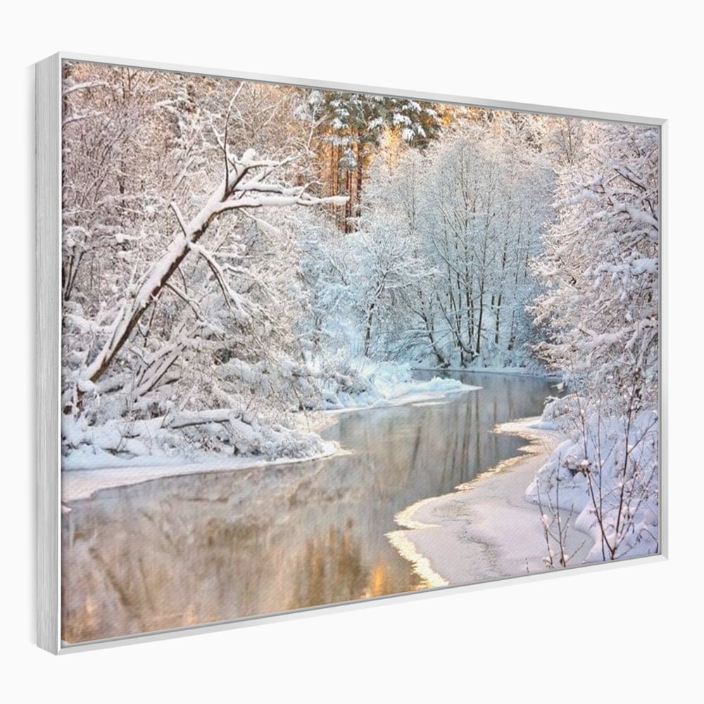 Tablou Canvas Premium, LuxCanva® D1090, Natura Cristalina, Inghetat, Liniste, Copaci, Lac, Zapada, Padure, Reflexii, Apus, Peisaj, Auriu, Apa, Frumusete, Argint, Nordic, Frig, Camera Copil, Living, Dormitor
