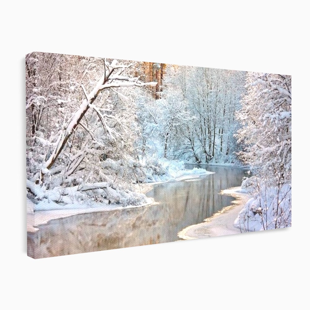 Tablou Canvas Premium, LuxCanva® D1090, Natura Cristalina, Inghetat, Liniste, Copaci, Lac, Zapada, Padure, Reflexii, Apus, Peisaj, Auriu, Apa, Frumusete, Argint, Nordic, Frig, Camera Copil, Living, Dormitor