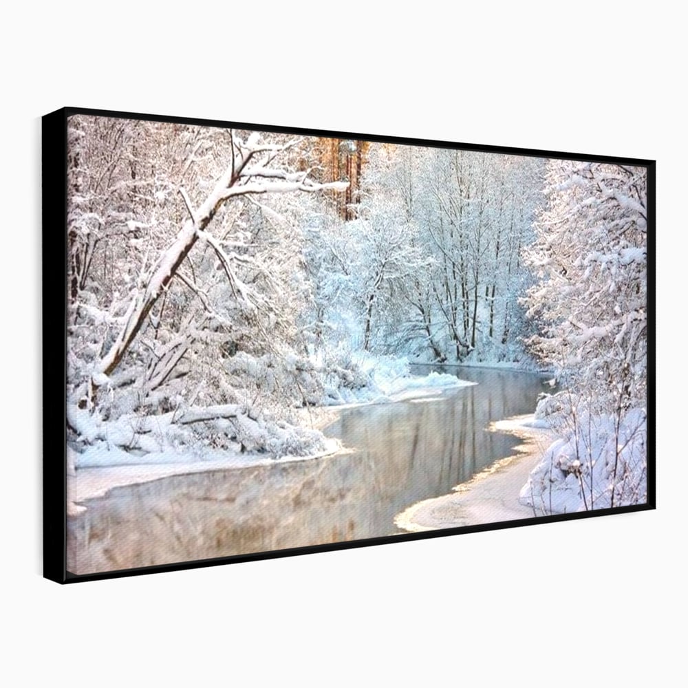 Tablou Canvas Premium, LuxCanva® D1090, Natura Cristalina, Inghetat, Liniste, Copaci, Lac, Zapada, Padure, Reflexii, Apus, Peisaj, Auriu, Apa, Frumusete, Argint, Nordic, Frig, Camera Copil, Living, Dormitor