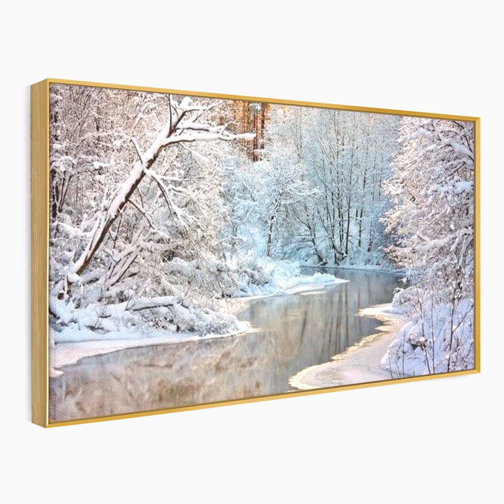 Tablou Canvas Premium, LuxCanva® D1090, Natura Cristalina, Inghetat, Liniste, Copaci, Lac, Zapada, Padure, Reflexii, Apus, Peisaj, Auriu, Apa, Frumusete, Argint, Nordic, Frig, Camera Copil, Living, Dormitor