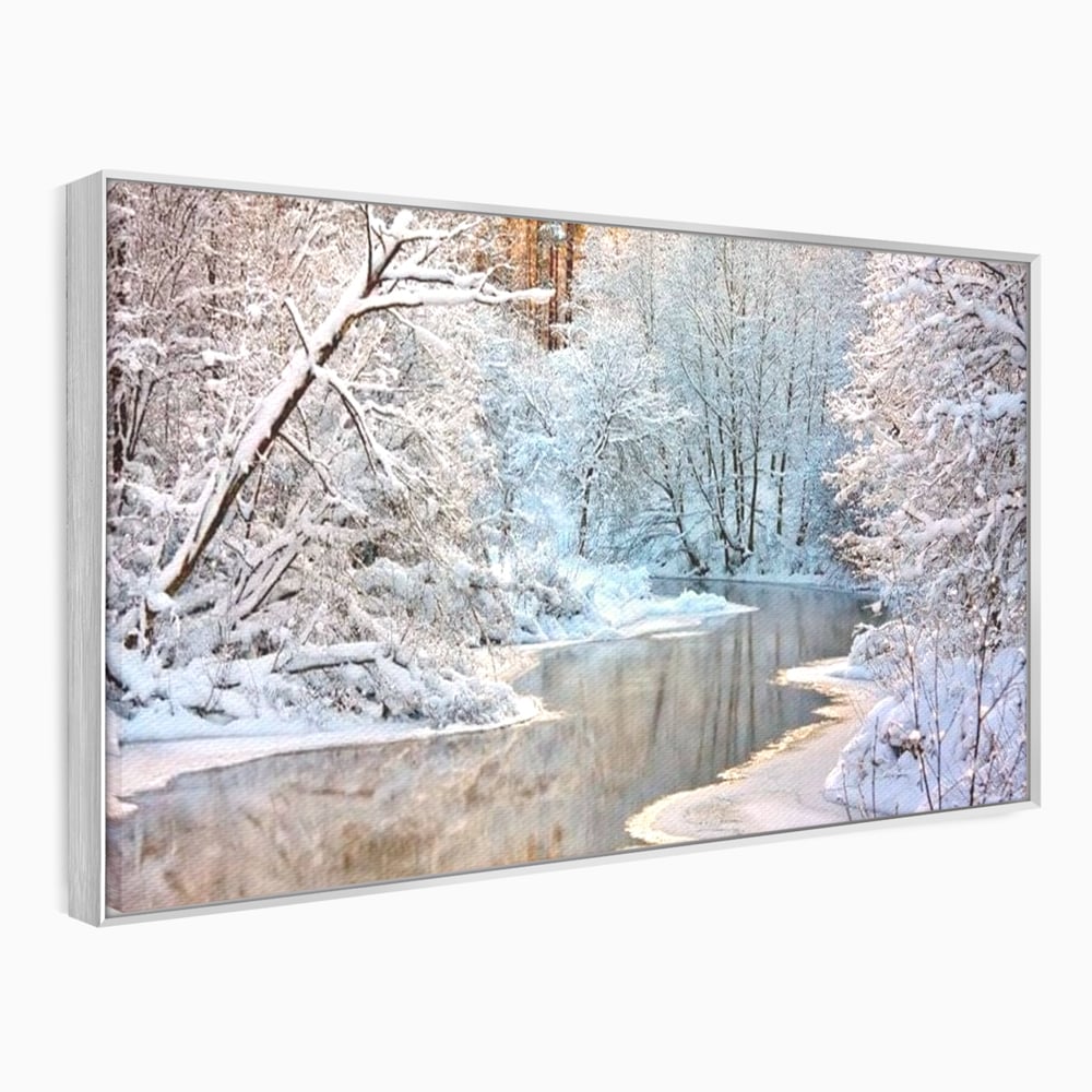 Tablou Canvas Premium, LuxCanva® D1090, Natura Cristalina, Inghetat, Liniste, Copaci, Lac, Zapada, Padure, Reflexii, Apus, Peisaj, Auriu, Apa, Frumusete, Argint, Nordic, Frig, Camera Copil, Living, Dormitor