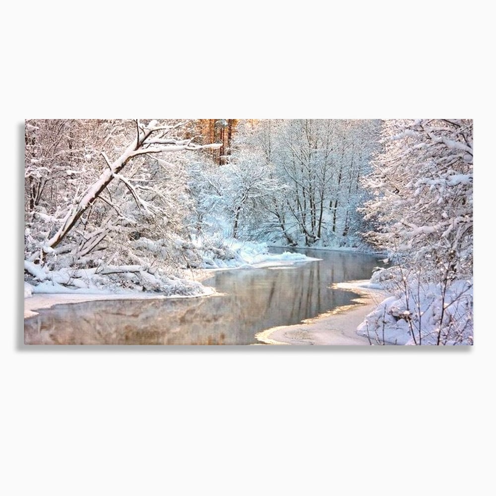 Tablou Canvas Premium, LuxCanva® D1090, Natura Cristalina, Inghetat, Liniste, Copaci, Lac, Zapada, Padure, Reflexii, Apus, Peisaj, Auriu, Apa, Frumusete, Argint, Nordic, Frig, Camera Copil, Living, Dormitor