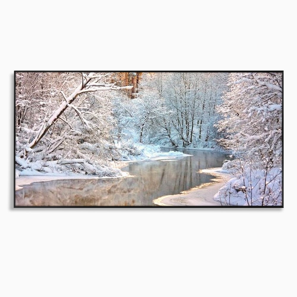 Tablou Canvas Premium, LuxCanva® D1090, Natura Cristalina, Inghetat, Liniste, Copaci, Lac, Zapada, Padure, Reflexii, Apus, Peisaj, Auriu, Apa, Frumusete, Argint, Nordic, Frig, Camera Copil, Living, Dormitor
