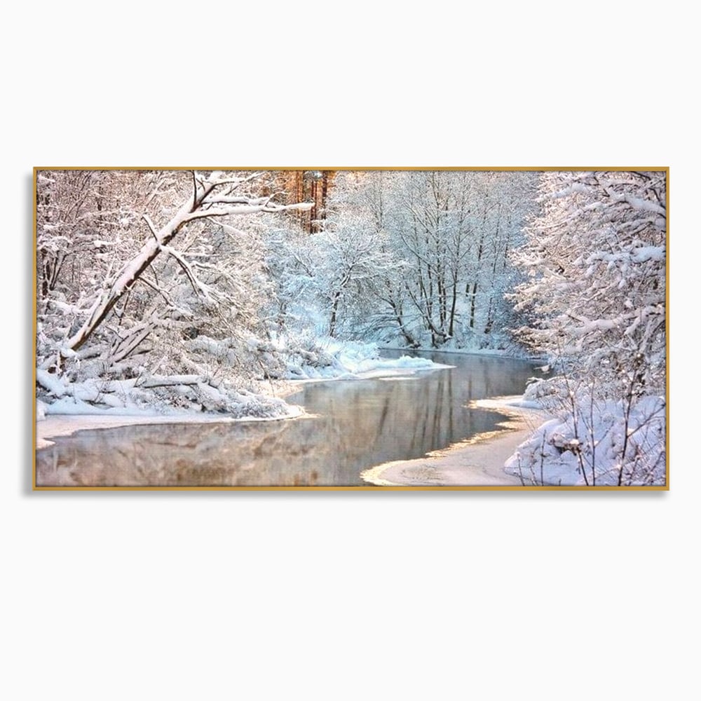 Tablou Canvas Premium, LuxCanva® D1090, Natura Cristalina, Inghetat, Liniste, Copaci, Lac, Zapada, Padure, Reflexii, Apus, Peisaj, Auriu, Apa, Frumusete, Argint, Nordic, Frig, Camera Copil, Living, Dormitor
