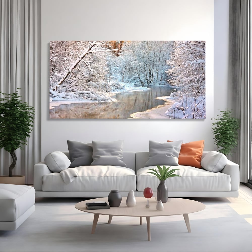 Tablou Canvas Premium, LuxCanva® D1090, Natura Cristalina, Inghetat, Liniste, Copaci, Lac, Zapada, Padure, Reflexii, Apus, Peisaj, Auriu, Apa, Frumusete, Argint, Nordic, Frig, Camera Copil, Living, Dormitor