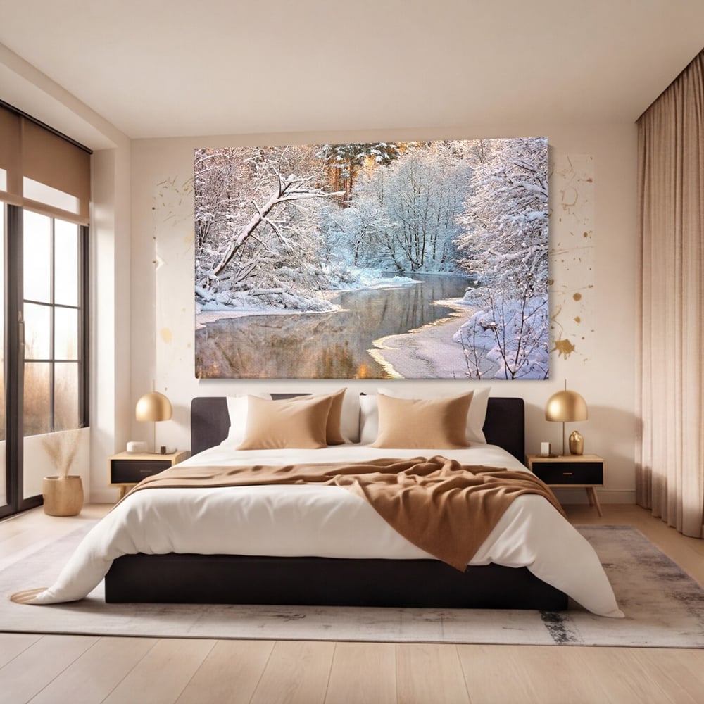 Tablou Canvas Premium, LuxCanva® D1090, Natura Cristalina, Inghetat, Liniste, Copaci, Lac, Zapada, Padure, Reflexii, Apus, Peisaj, Auriu, Apa, Frumusete, Argint, Nordic, Frig, Camera Copil, Living, Dormitor
