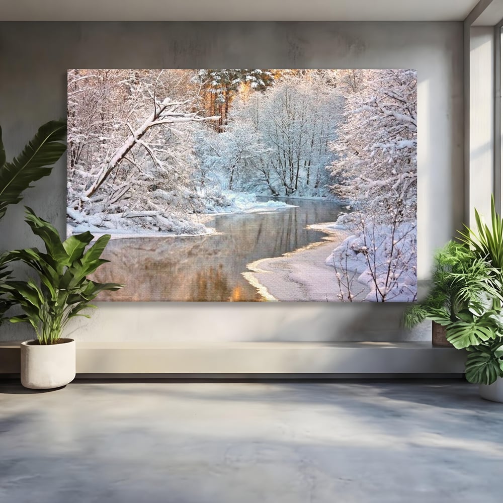 Tablou Canvas Premium, LuxCanva® D1090, Natura Cristalina, Inghetat, Liniste, Copaci, Lac, Zapada, Padure, Reflexii, Apus, Peisaj, Auriu, Apa, Frumusete, Argint, Nordic, Frig, Camera Copil, Living, Dormitor