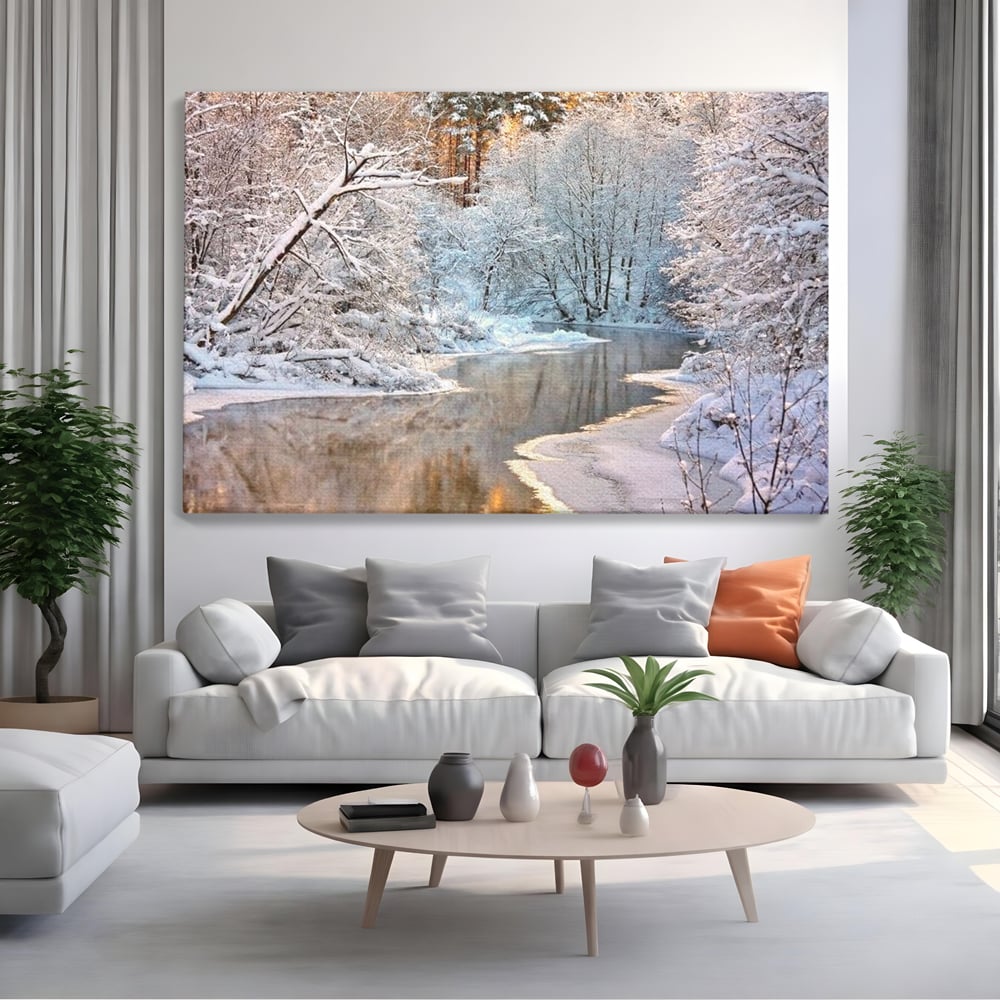 Tablou Canvas Premium, LuxCanva® D1090, Natura Cristalina, Inghetat, Liniste, Copaci, Lac, Zapada, Padure, Reflexii, Apus, Peisaj, Auriu, Apa, Frumusete, Argint, Nordic, Frig, Camera Copil, Living, Dormitor