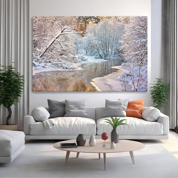 Tablou Canvas Premium, LuxCanva® D1090, Natura Cristalina, Inghetat, Liniste, Copaci, Lac, Zapada, Padure, Reflexii, Apus, Peisaj, Auriu, Apa, Frumusete, Argint, Nordic, Frig, Camera Copil, Living, Dormitor
