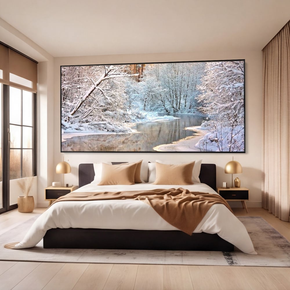 Tablou Canvas Premium, LuxCanva® D1090, Natura Cristalina, Inghetat, Liniste, Copaci, Lac, Zapada, Padure, Reflexii, Apus, Peisaj, Auriu, Apa, Frumusete, Argint, Nordic, Frig, Camera Copil, Living, Dormitor