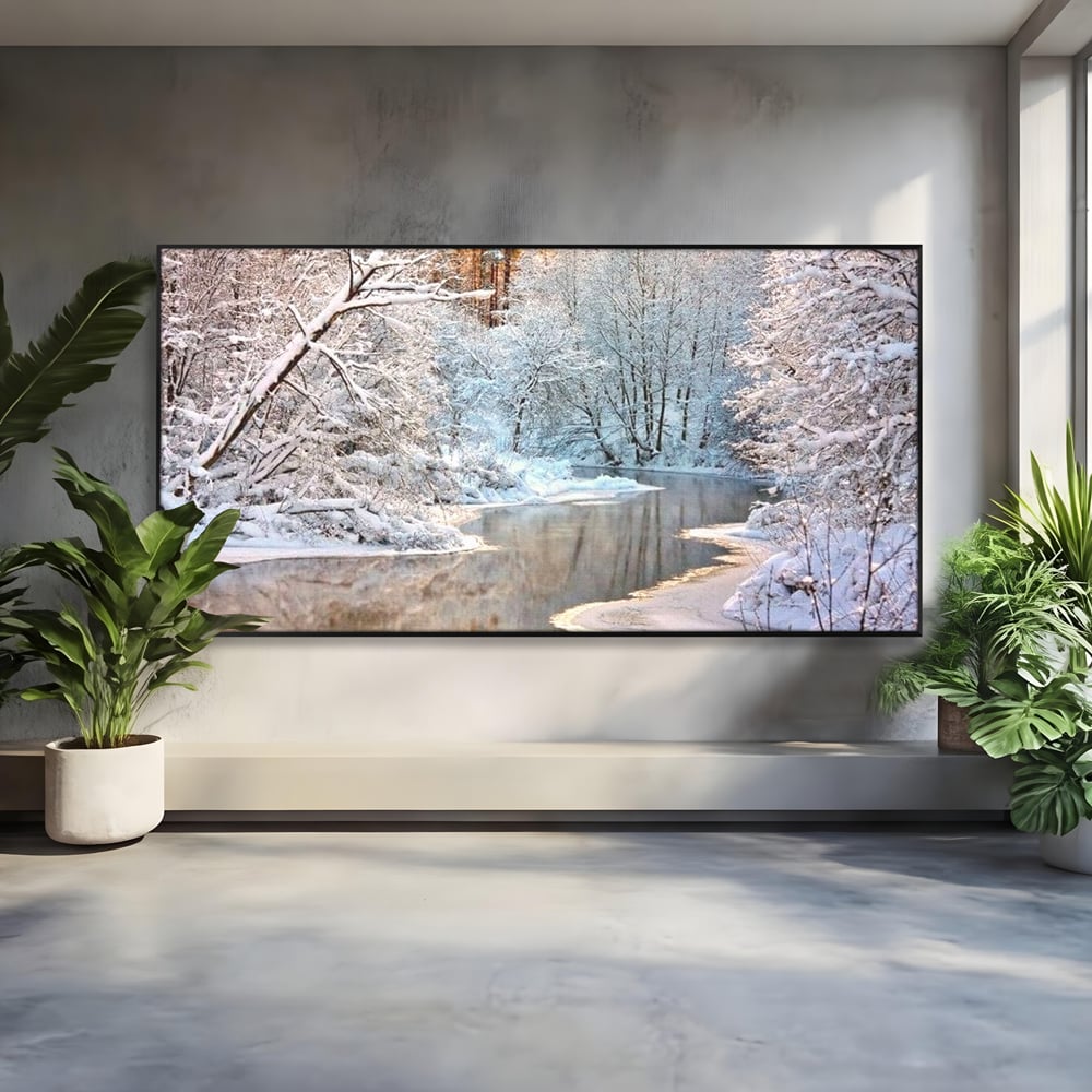 Tablou Canvas Premium, LuxCanva® D1090, Natura Cristalina, Inghetat, Liniste, Copaci, Lac, Zapada, Padure, Reflexii, Apus, Peisaj, Auriu, Apa, Frumusete, Argint, Nordic, Frig, Camera Copil, Living, Dormitor