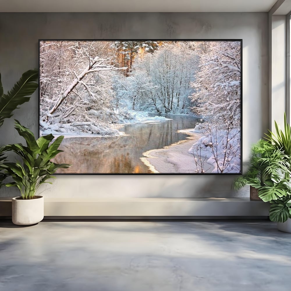 Tablou Canvas Premium, LuxCanva® D1090, Natura Cristalina, Inghetat, Liniste, Copaci, Lac, Zapada, Padure, Reflexii, Apus, Peisaj, Auriu, Apa, Frumusete, Argint, Nordic, Frig, Camera Copil, Living, Dormitor