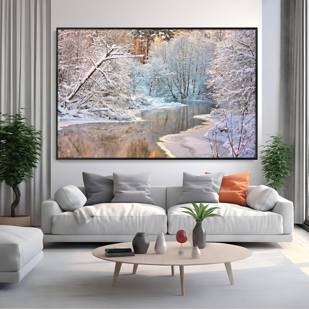 Tablou Canvas Premium, LuxCanva® D1090, Natura Cristalina, Inghetat, Liniste, Copaci, Lac, Zapada, Padure, Reflexii, Apus, Peisaj, Auriu, Apa, Frumusete, Argint, Nordic, Frig, Camera Copil, Living, Dormitor