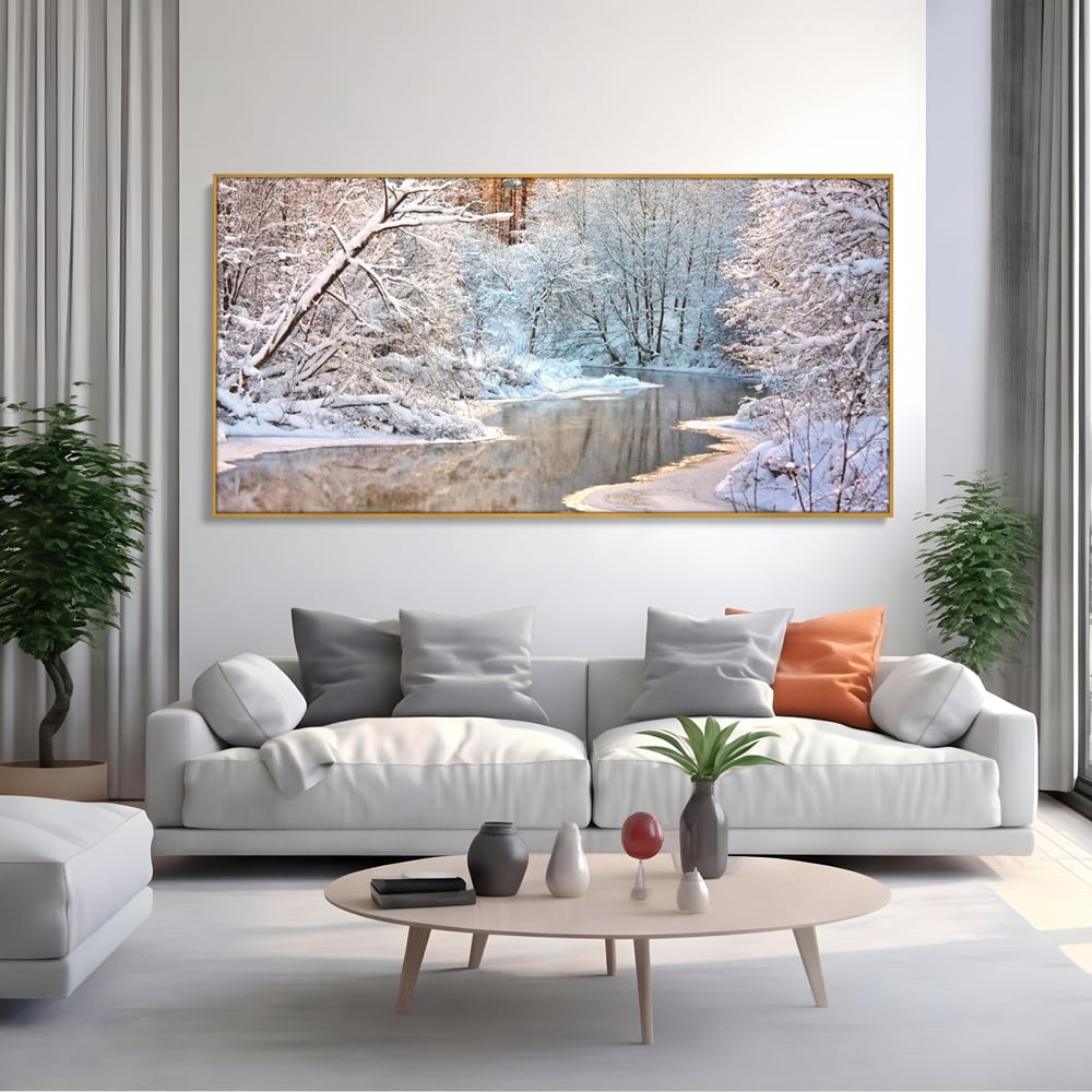 Tablou Canvas Premium, LuxCanva® D1090, Natura Cristalina, Inghetat, Liniste, Copaci, Lac, Zapada, Padure, Reflexii, Apus, Peisaj, Auriu, Apa, Frumusete, Argint, Nordic, Frig, Camera Copil, Living, Dormitor