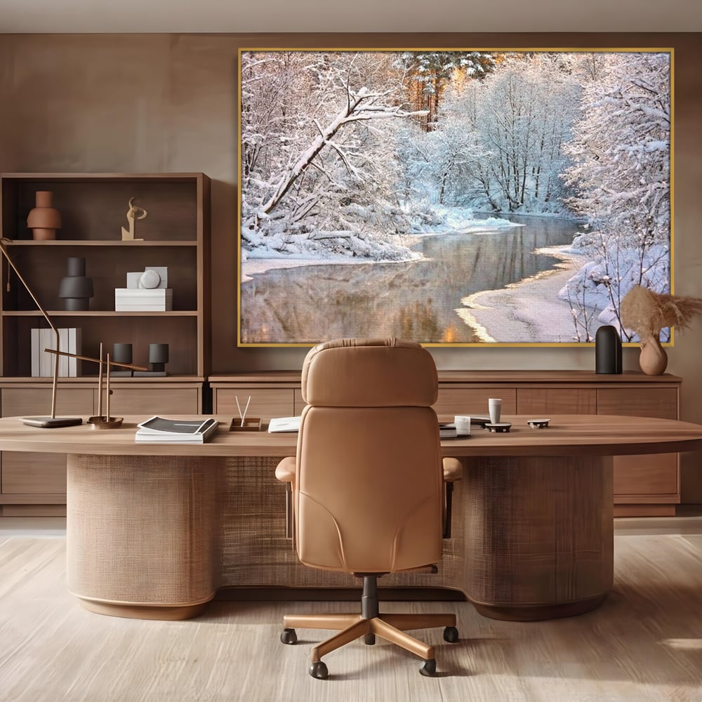Tablou Canvas Premium, LuxCanva® D1090, Natura Cristalina, Inghetat, Liniste, Copaci, Lac, Zapada, Padure, Reflexii, Apus, Peisaj, Auriu, Apa, Frumusete, Argint, Nordic, Frig, Camera Copil, Living, Dormitor