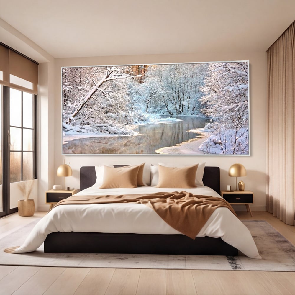 Tablou Canvas Premium, LuxCanva® D1090, Natura Cristalina, Inghetat, Liniste, Copaci, Lac, Zapada, Padure, Reflexii, Apus, Peisaj, Auriu, Apa, Frumusete, Argint, Nordic, Frig, Camera Copil, Living, Dormitor