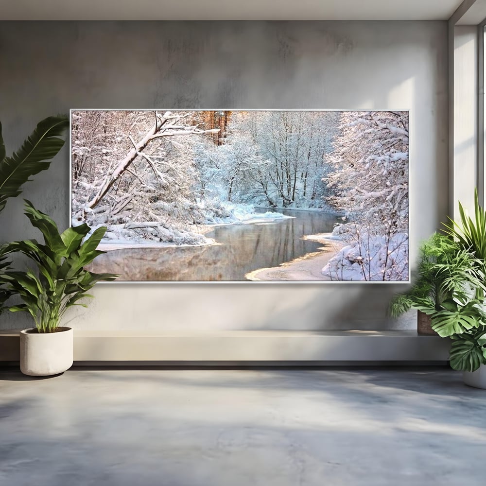 Tablou Canvas Premium, LuxCanva® D1090, Natura Cristalina, Inghetat, Liniste, Copaci, Lac, Zapada, Padure, Reflexii, Apus, Peisaj, Auriu, Apa, Frumusete, Argint, Nordic, Frig, Camera Copil, Living, Dormitor