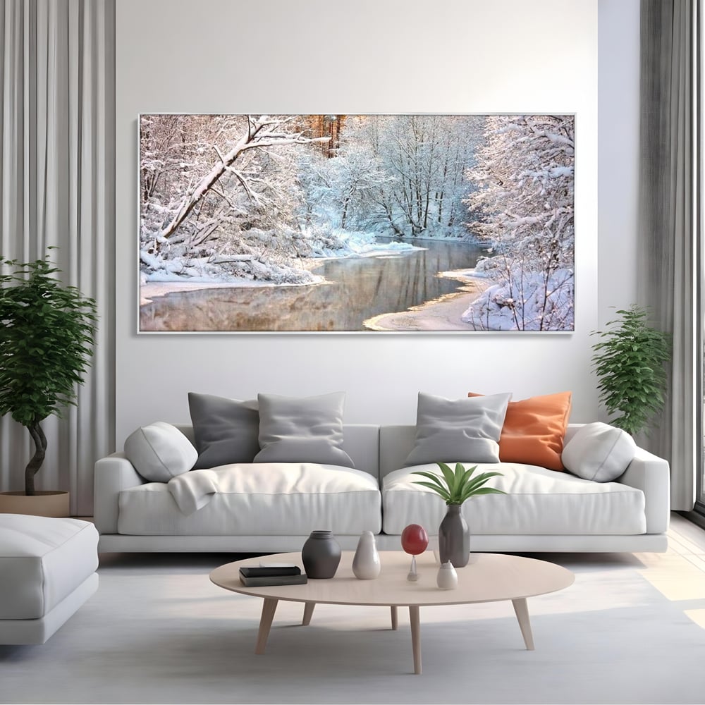 Tablou Canvas Premium, LuxCanva® D1090, Natura Cristalina, Inghetat, Liniste, Copaci, Lac, Zapada, Padure, Reflexii, Apus, Peisaj, Auriu, Apa, Frumusete, Argint, Nordic, Frig, Camera Copil, Living, Dormitor