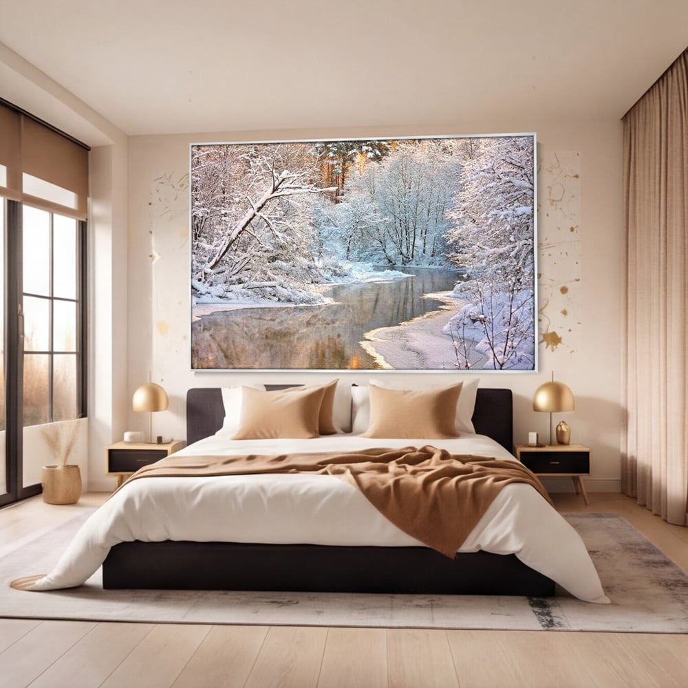 Tablou Canvas Premium, LuxCanva® D1090, Natura Cristalina, Inghetat, Liniste, Copaci, Lac, Zapada, Padure, Reflexii, Apus, Peisaj, Auriu, Apa, Frumusete, Argint, Nordic, Frig, Camera Copil, Living, Dormitor