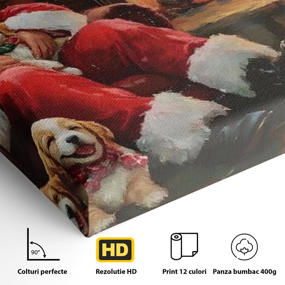 Tablou Canvas Premium, LuxCanva® D1091, Mos Craciun si Catelusii, Craciun, Catei, Semineu, Foc, Lemne, Copilarie, Sarbatoare, Brad, Luminite, Ajun, Rustic, Spirit, Magie, Camera Copil, Living, Dormitor