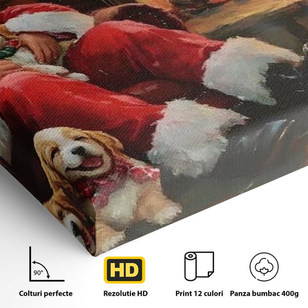 Tablou Canvas Premium, LuxCanva® D1091, Mos Craciun si Catelusii, Craciun, Catei, Semineu, Foc, Lemne, Copilarie, Sarbatoare, Brad, Luminite, Ajun, Rustic, Spirit, Magie, Camera Copil, Living, Dormitor