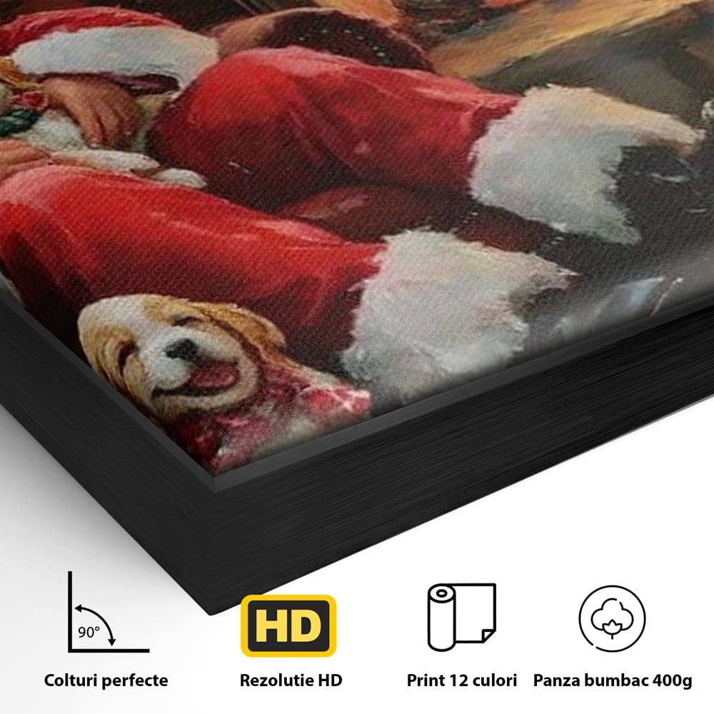 Tablou Canvas Premium, LuxCanva® D1091, Mos Craciun si Catelusii, Craciun, Catei, Semineu, Foc, Lemne, Copilarie, Sarbatoare, Brad, Luminite, Ajun, Rustic, Spirit, Magie, Camera Copil, Living, Dormitor