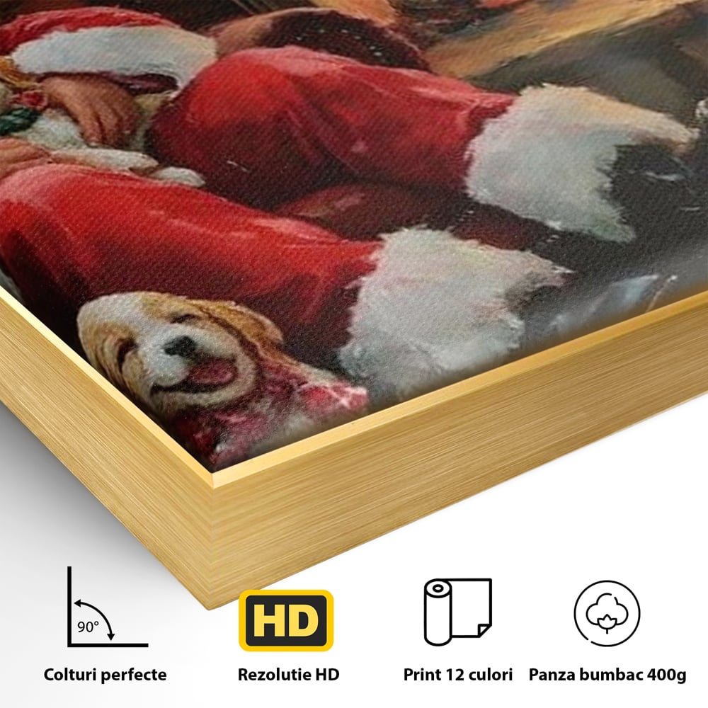 Tablou Canvas Premium, LuxCanva® D1091, Mos Craciun si Catelusii, Craciun, Catei, Semineu, Foc, Lemne, Copilarie, Sarbatoare, Brad, Luminite, Ajun, Rustic, Spirit, Magie, Camera Copil, Living, Dormitor