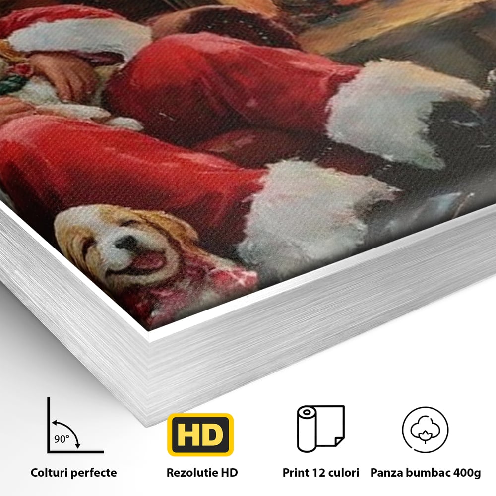 Tablou Canvas Premium, LuxCanva® D1091, Mos Craciun si Catelusii, Craciun, Catei, Semineu, Foc, Lemne, Copilarie, Sarbatoare, Brad, Luminite, Ajun, Rustic, Spirit, Magie, Camera Copil, Living, Dormitor